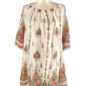 Lapogee Mini Tunic Dress L White Green Coral Paisley Bell Sleeves Boho Hippie